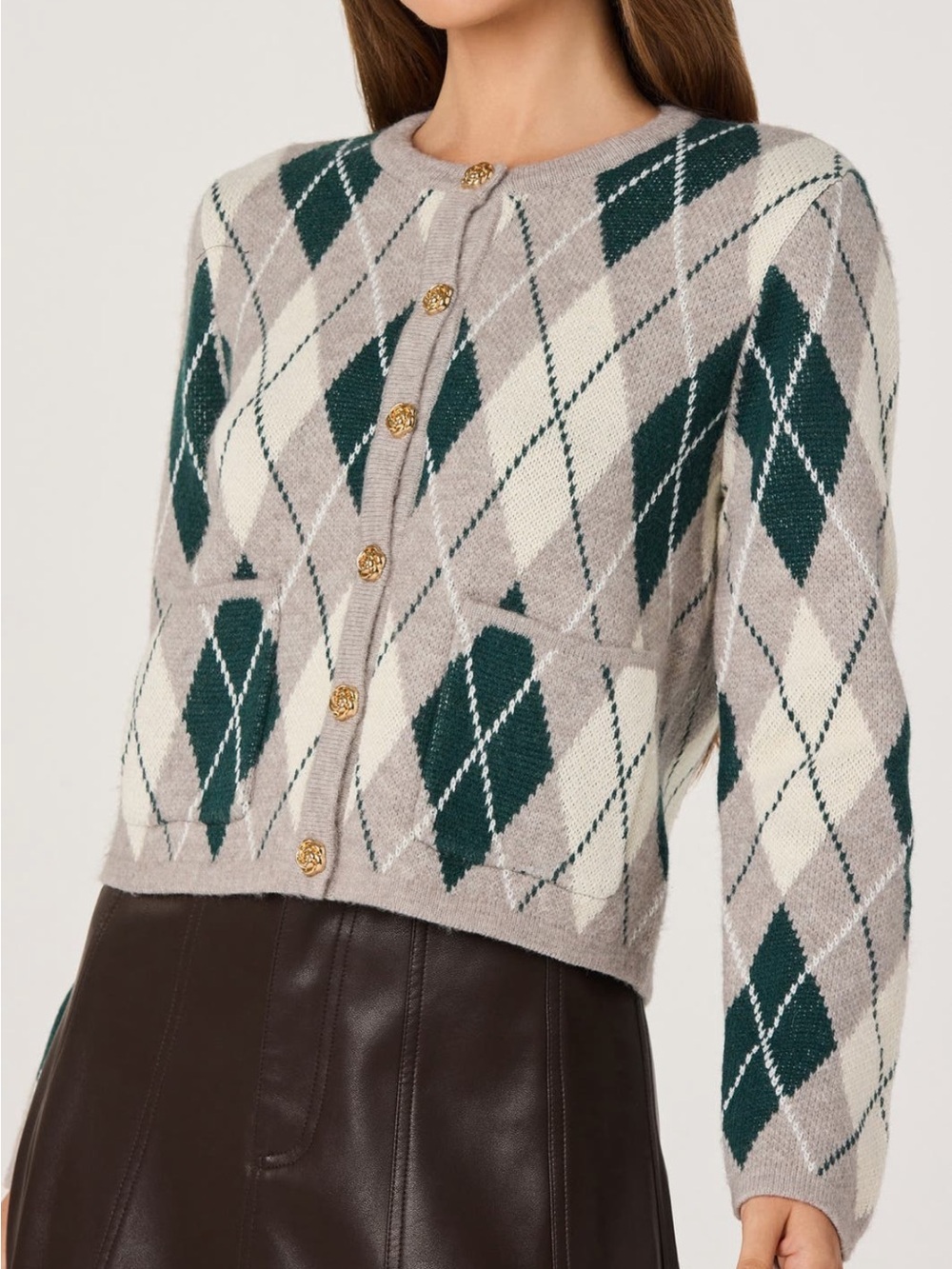 Astr Argyle Crewneck Cardigan in Beige, Cream & Forest Green